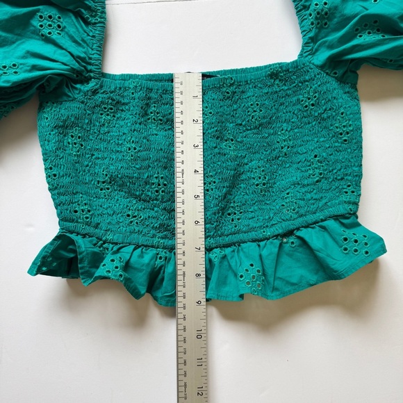 Zara Smocked Cropped Top Eyelet Ruffle Trim Green Puff Sleeve Boho Square Sz XS - Picture 6 of 14